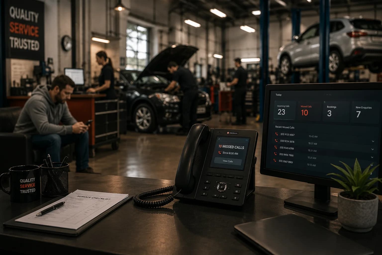 A garage front desk with a phone showing ten missed calls and a screen listing recent missed calls, while the team works on cars in the workshop behind.