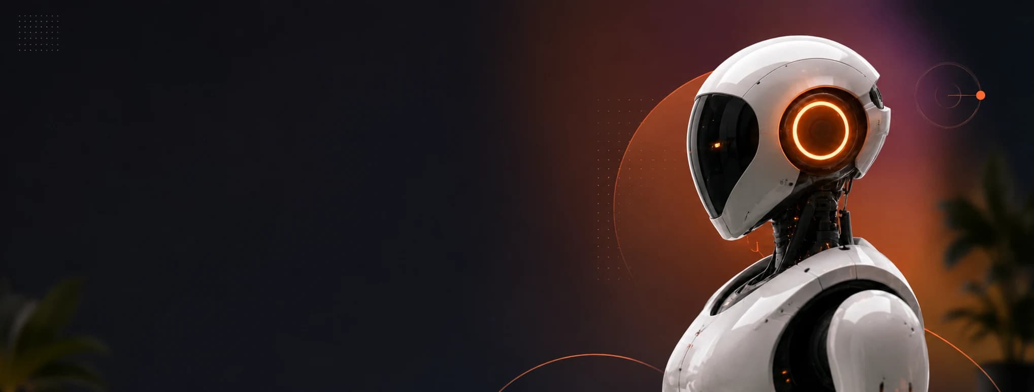 A humanoid AI receptionist with a glowing orange visor, ready to take the next customer call.
