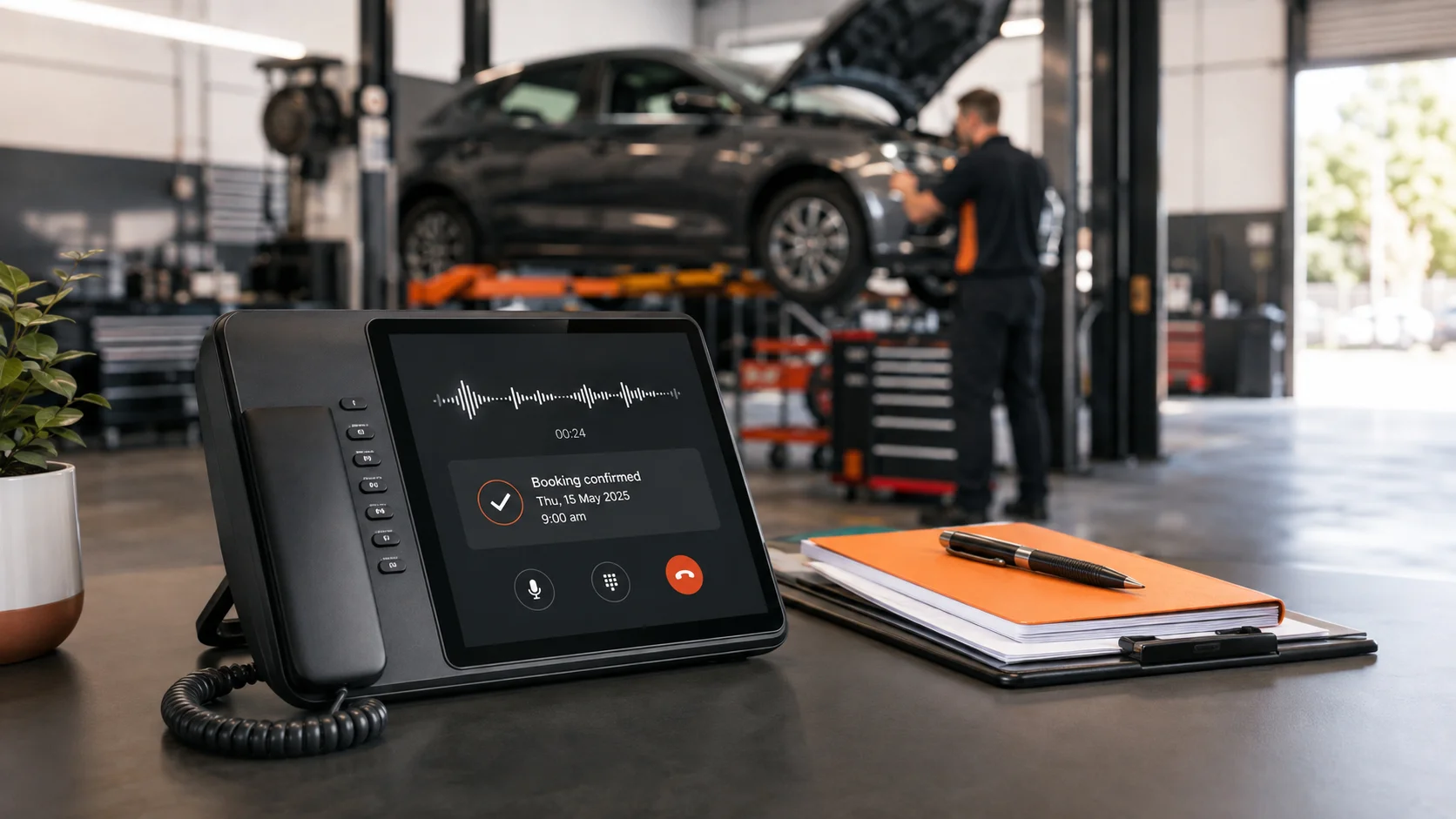 AI receptionist answering a customer call while an automotive workshop team is busy