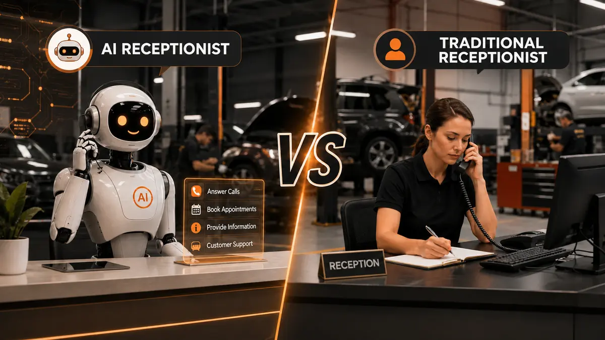 AI receptionist and traditional receptionist compared inside an automotive workshop
