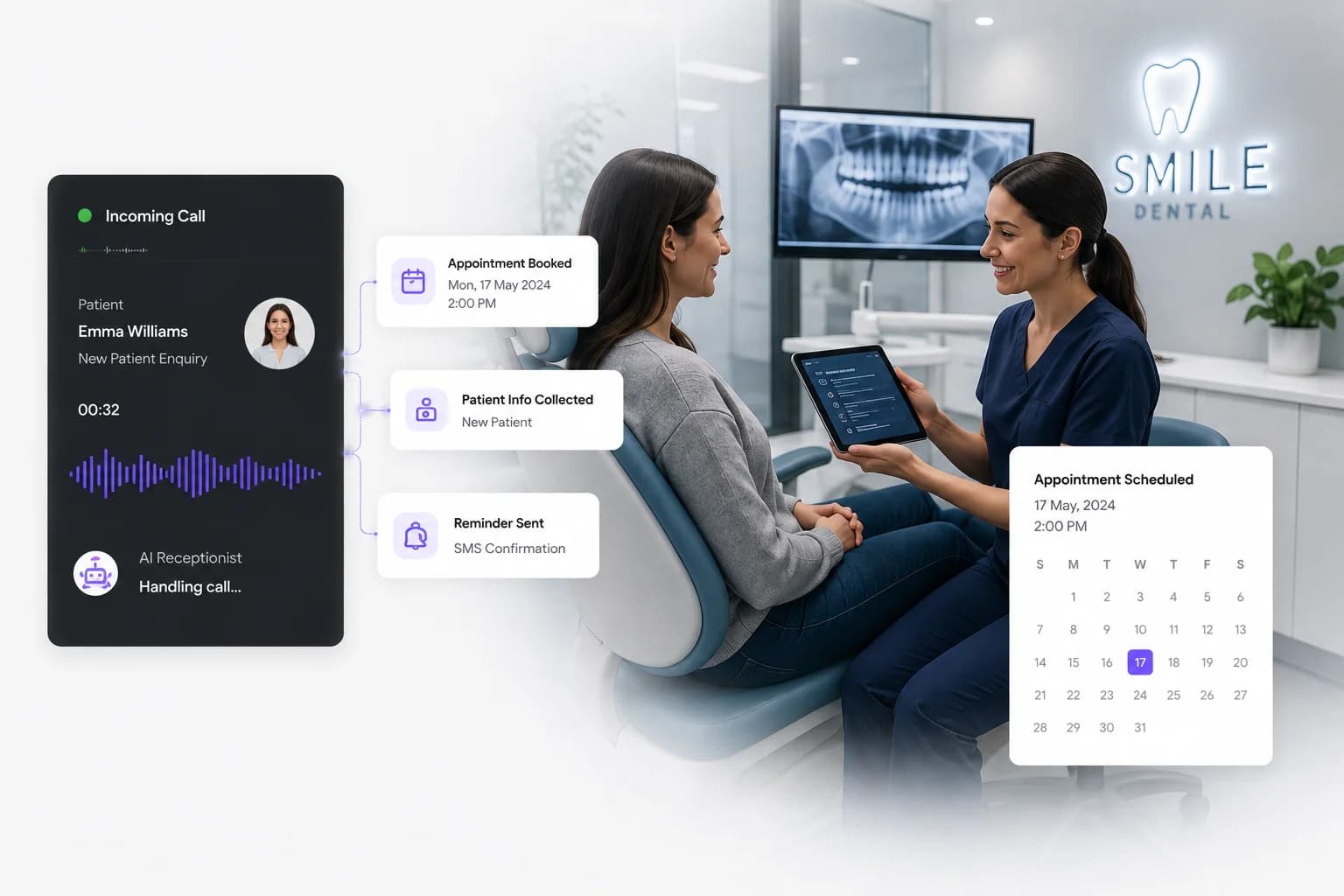 A dental clinic reception desk where an AI receptionist is answering a patient's booking call.