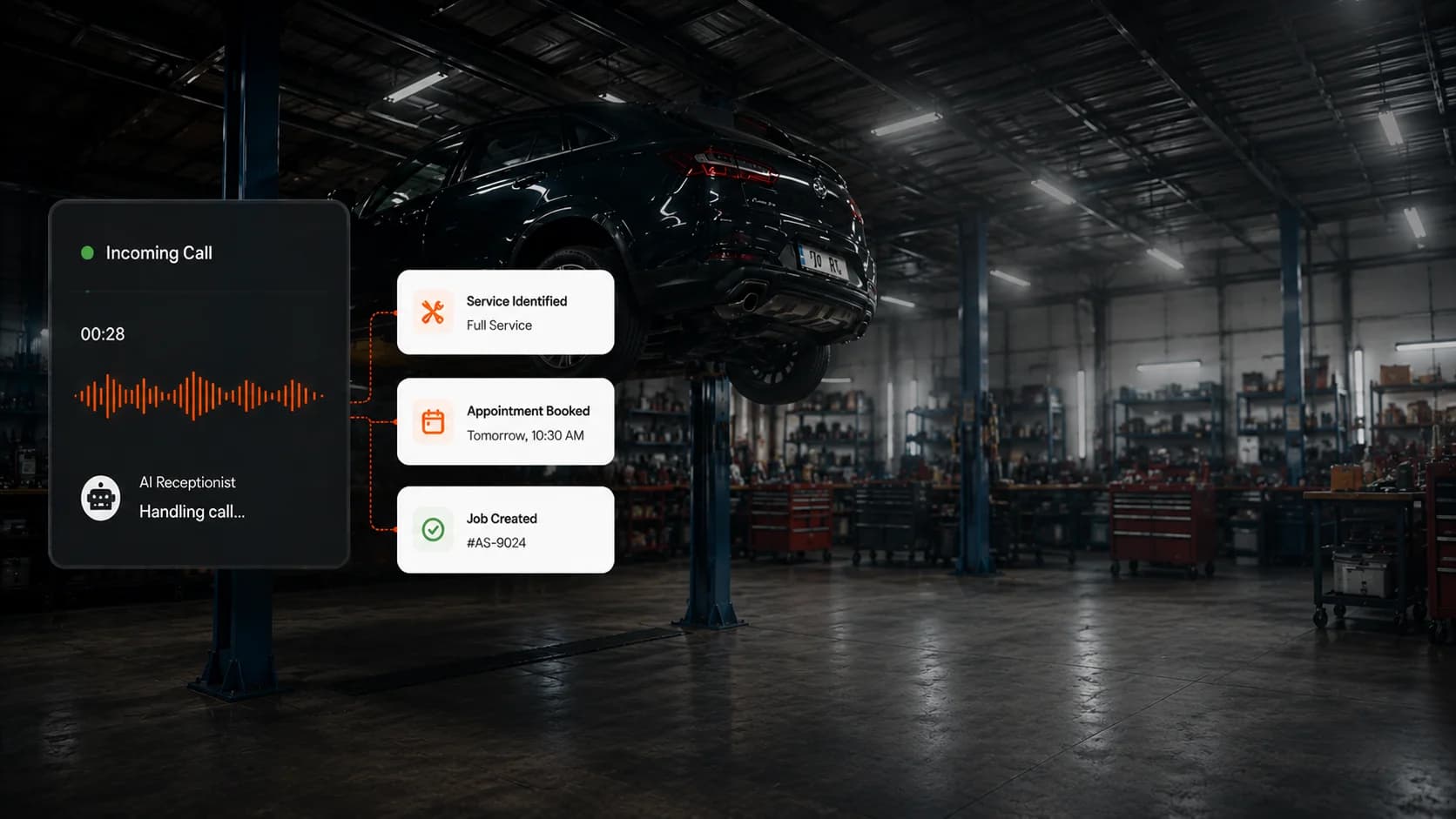 A technician working under a car in an automotive workshop while an AI receptionist takes the incoming call.