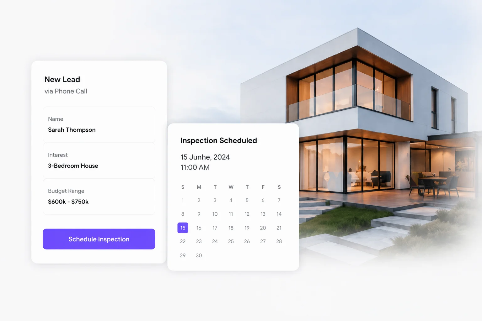 A real estate agent showing a property while an AI receptionist handles an incoming buyer enquiry.